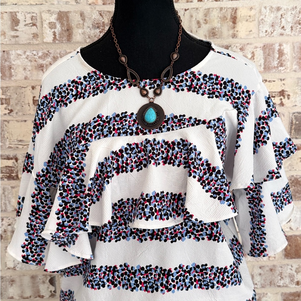 Mud Pie White Ruffle Tunic with Blue, Pink and Black Dot Stripes